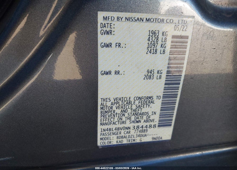 2022 NISSAN ALTIMA S FWD VIN: 1N4BL4BV0NN384488