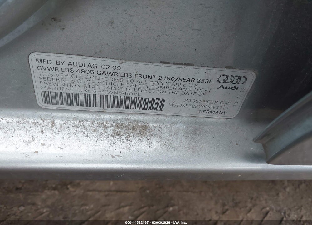 2009 AUDI A4 2.0T PREMIUM VIN: WAUSF78K29N063121