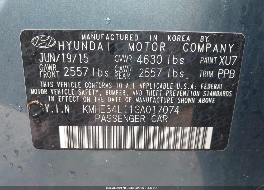 2016 HYUNDAI SONATA HYBRID LIMITED VIN: KMHE34L11GA017074