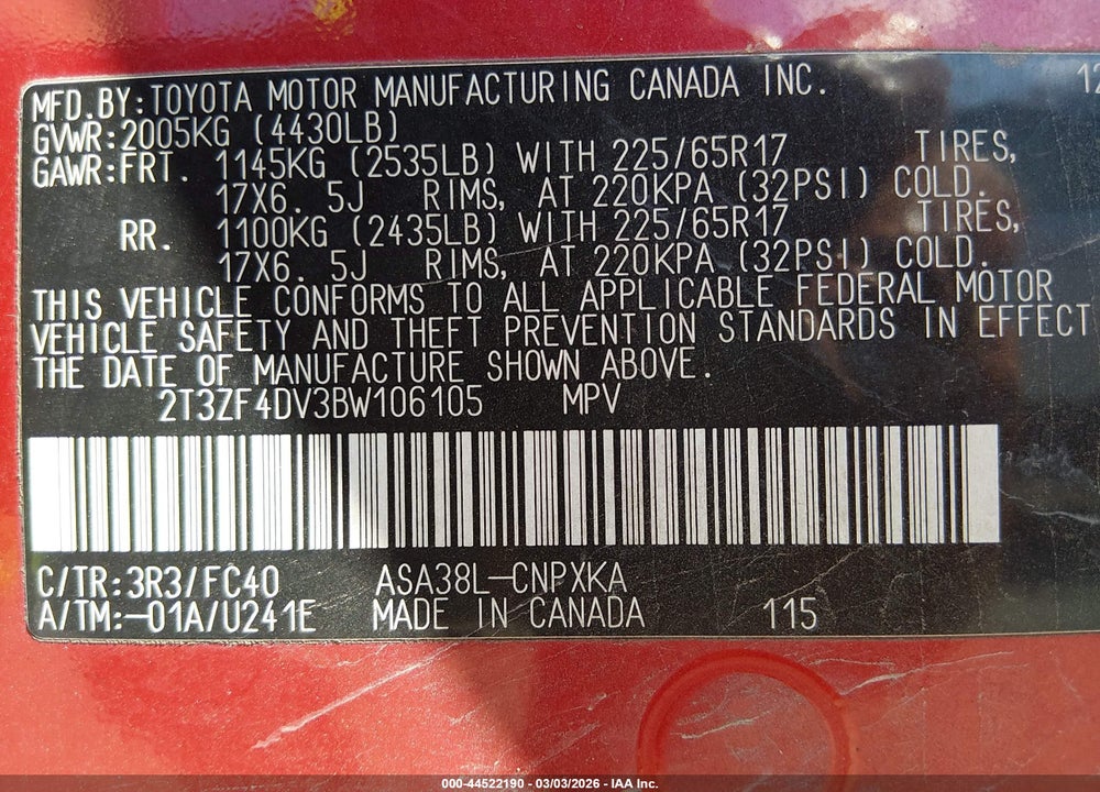 2011 TOYOTA RAV4 VIN: 2T3ZF4DV3BW106105