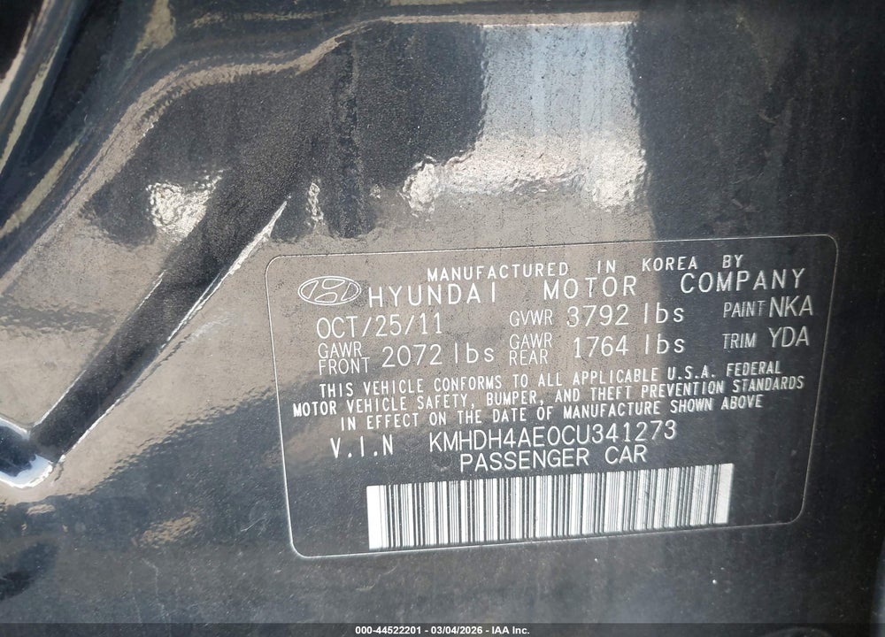 2012 HYUNDAI ELANTRA GLS (ULSAN PLANT) VIN: KMHDH4AE0CU341273