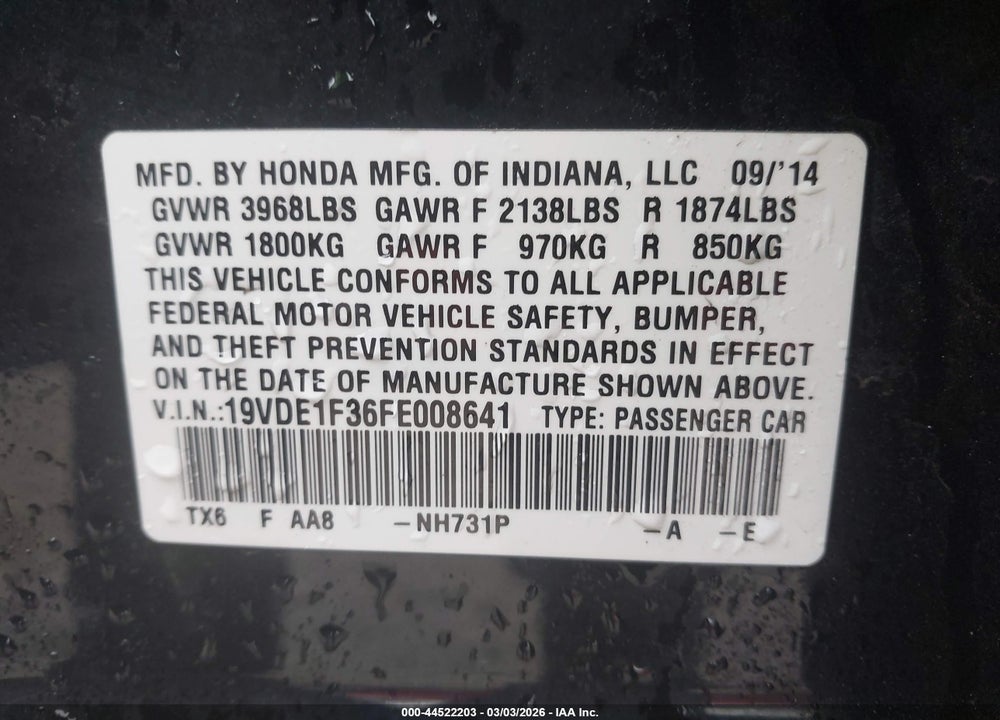 2015 ACURA ILX 2.0L VIN: 19VDE1F36FE008641