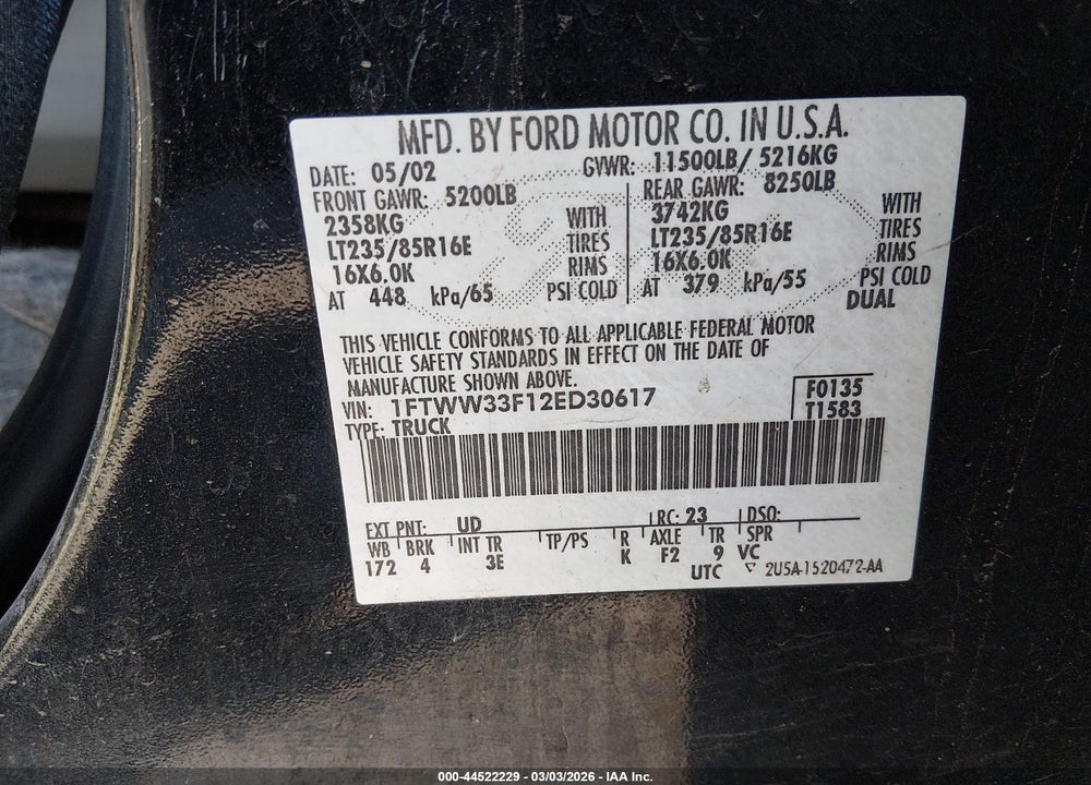 2002 FORD F-350 LARIAT/XL/XLT VIN: 1FTWW33F12ED30617