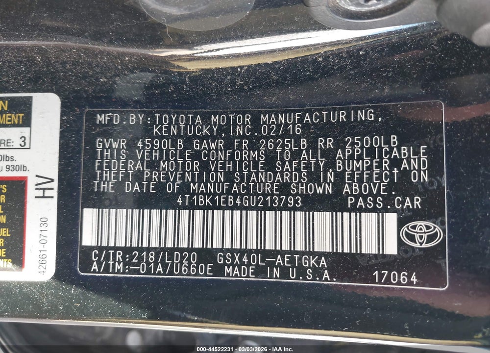 2016 TOYOTA AVALON XLE VIN: 4T1BK1EB4GU213793