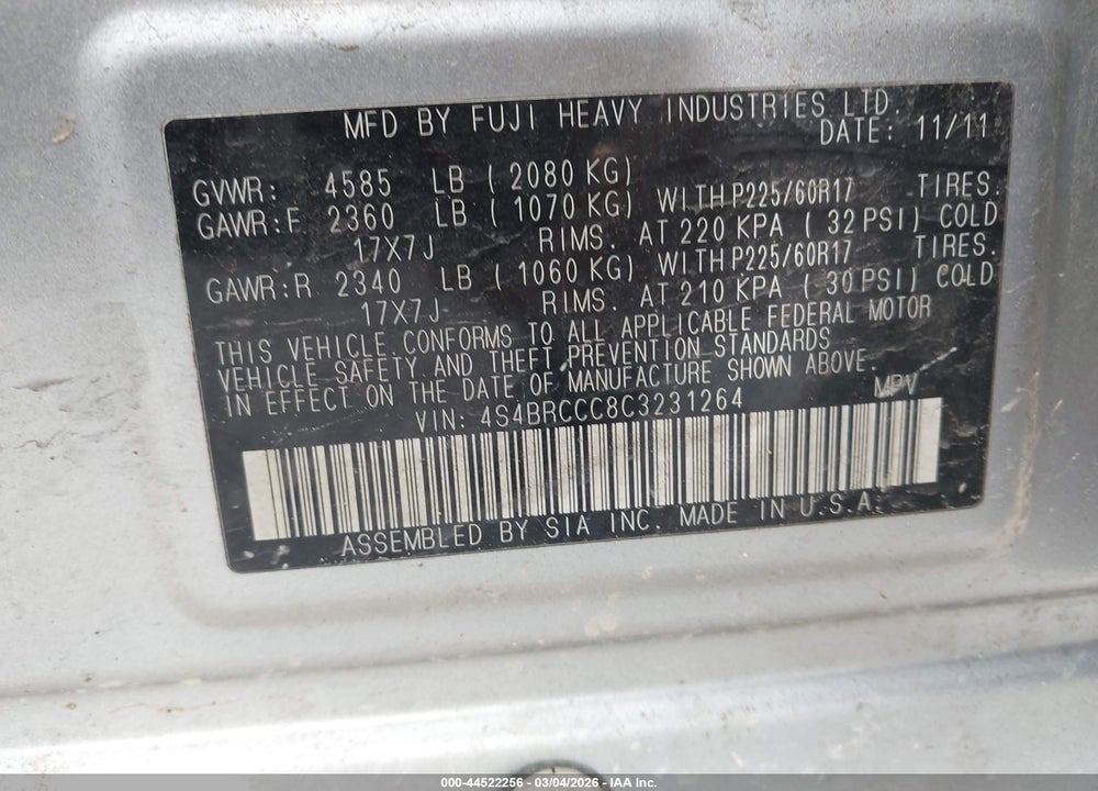 2012 SUBARU OUTBACK 2.5I PREMIUM VIN: 4S4BRCCC8C3231264