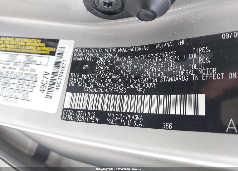 2006 TOYOTA SIENNA XLE VIN: 5TDBA22C56S074383