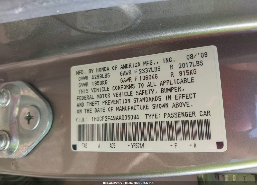 2010 HONDA ACCORD 2.4 LX-P VIN: 1HGCP2F49AA005094