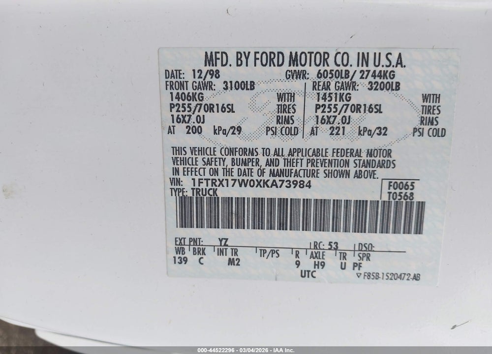 1999 FORD F-150 LARIAT/WORK SERIES/XL/XLT VIN: 1FTRX17W0XKA73984
