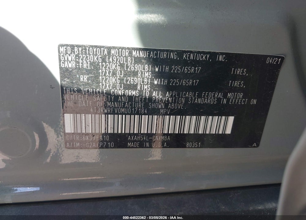 2021 TOYOTA RAV4 HYBRID XLE VIN: 4T3RWRFV0MU017184