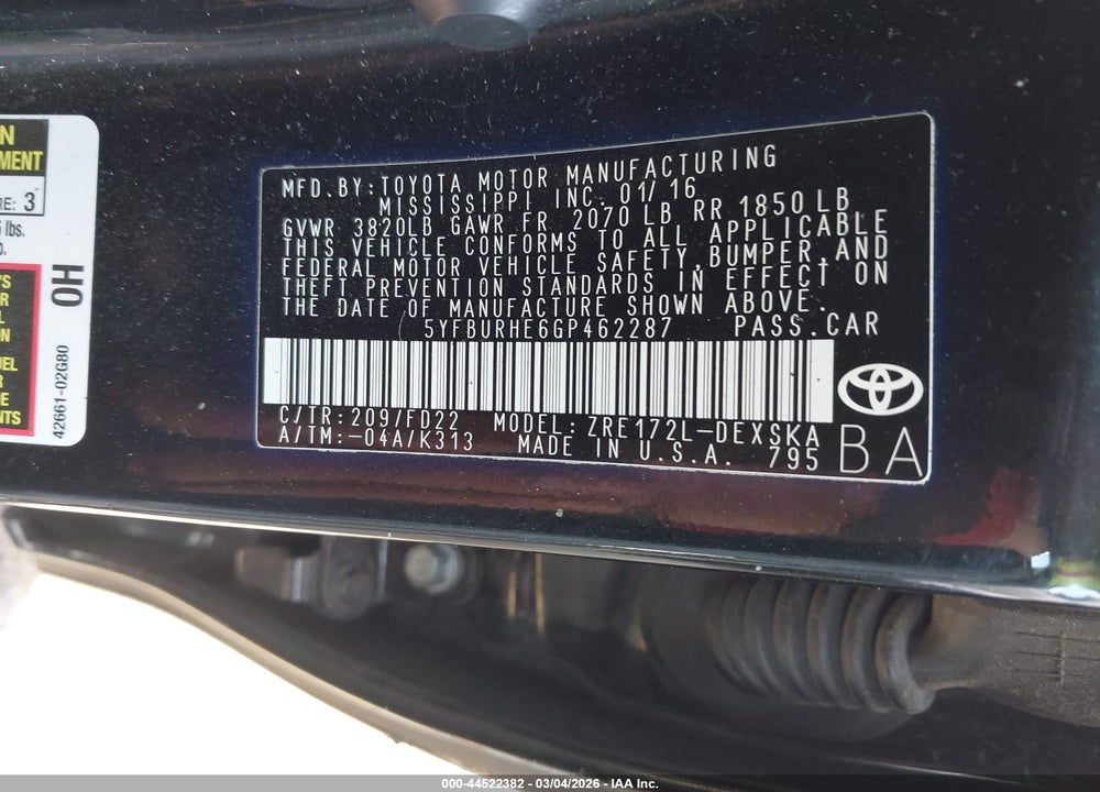 2016 TOYOTA COROLLA S PLUS VIN: 5YFBURHE6GP462287