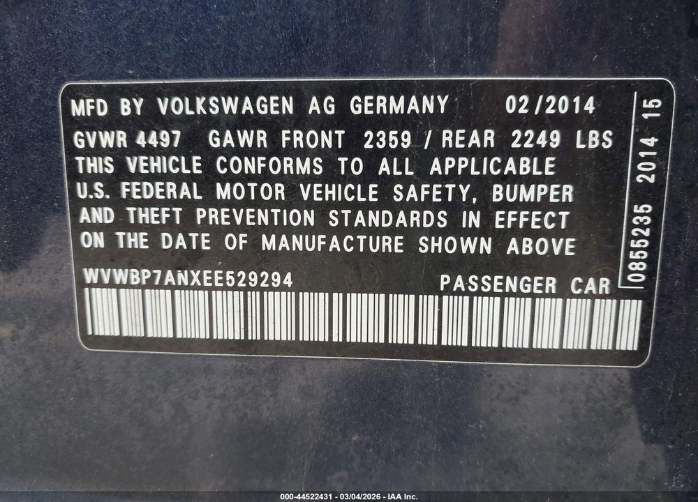 2014 VOLKSWAGEN CC 2.0T R-LINE VIN: WVWBP7ANXEE529294