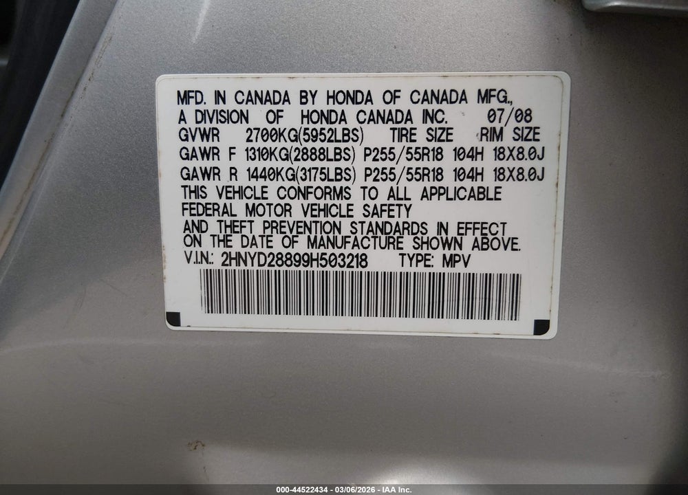 2009 ACURA MDX SPORT PACKAGE VIN: 2HNYD28899H503218