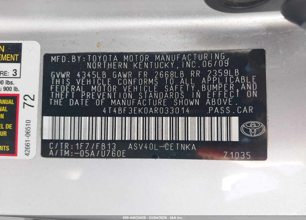 2010 TOYOTA CAMRY LE VIN: 4T4BF3EK0AR033014