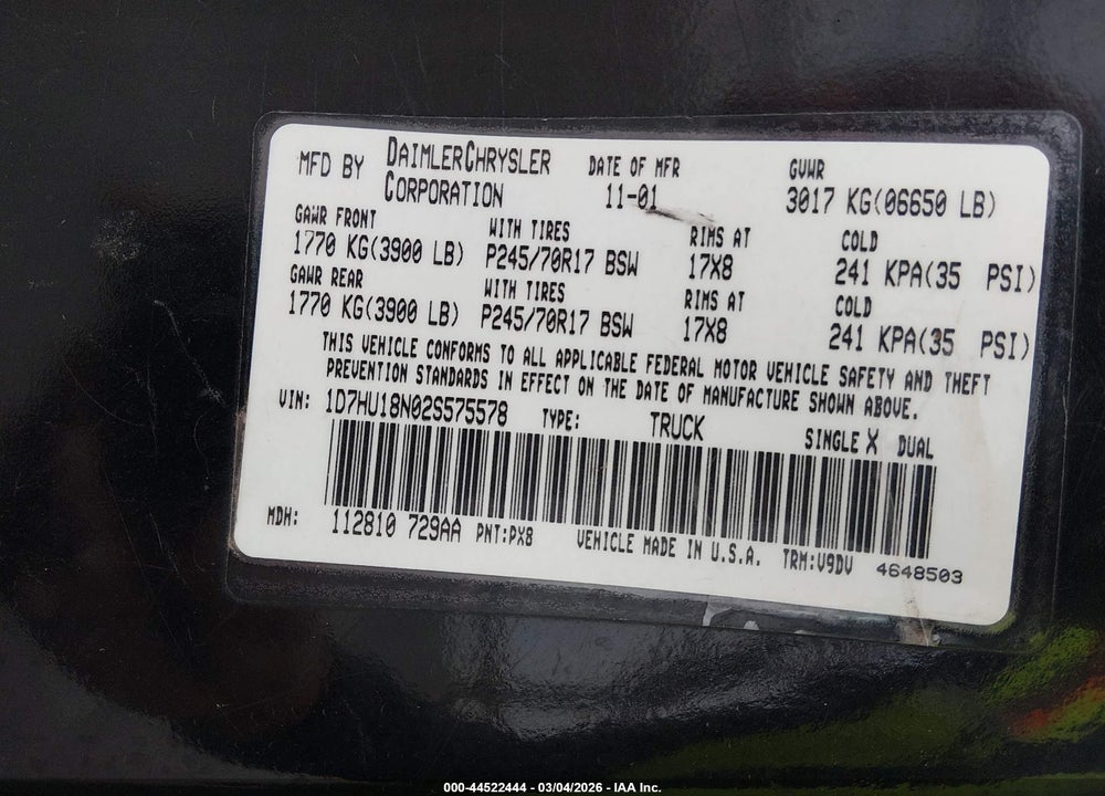 2002 DODGE RAM 1500 ST VIN: 1D7HU18N02S575578