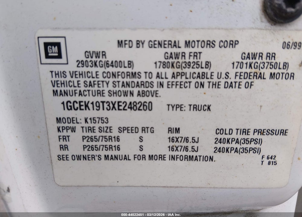 1999 CHEVROLET SILVERADO 1500 LS VIN: 1GCEK19T3XE248260