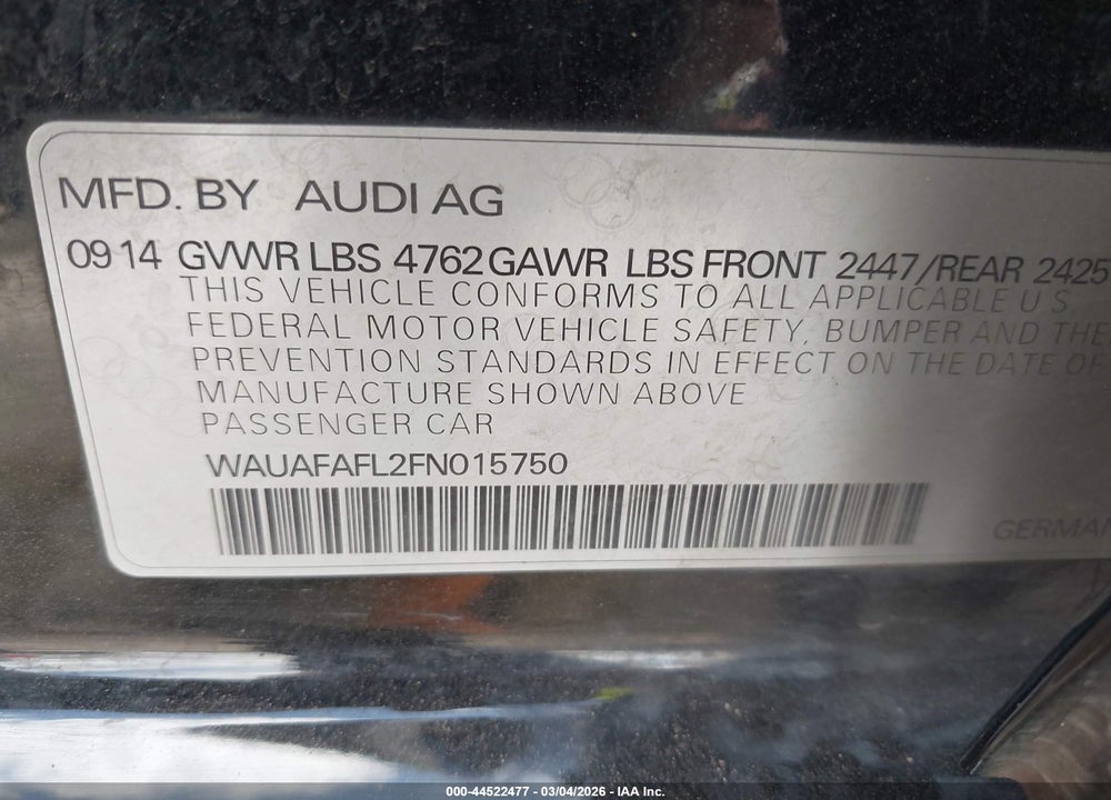 2015 AUDI A4 2.0T PREMIUM VIN: WAUAFAFL2FN015750