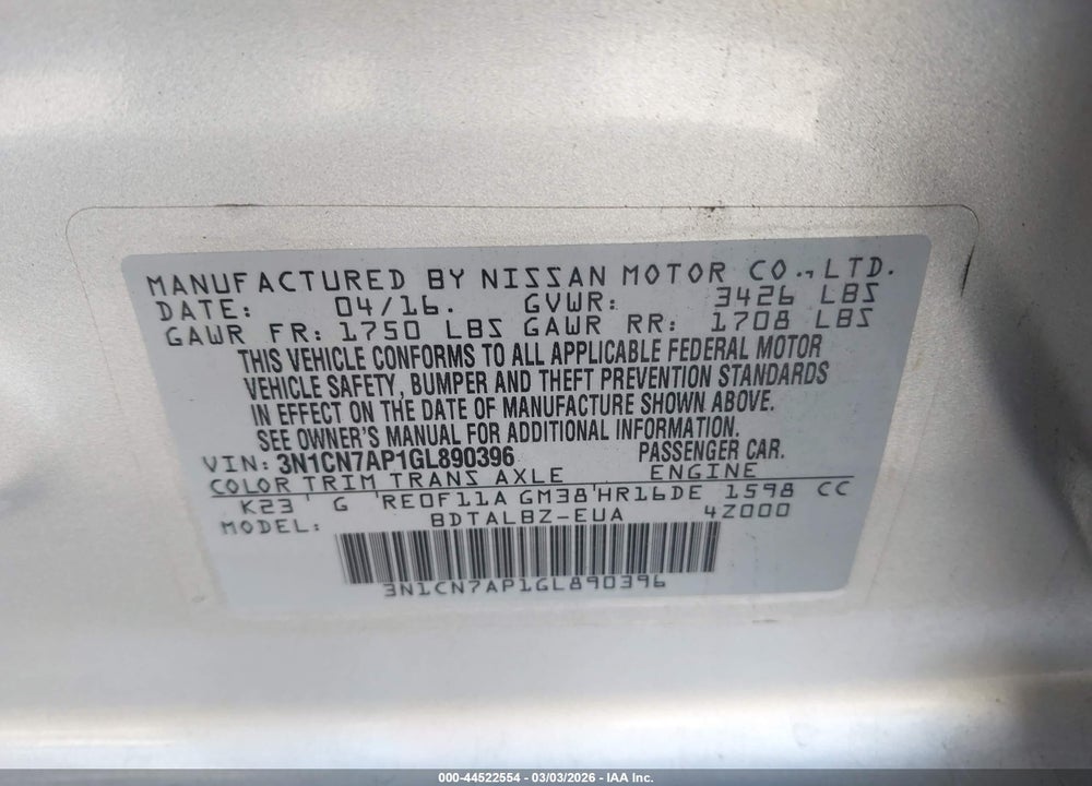 2016 NISSAN VERSA 1.6 SV VIN: 3N1CN7AP1GL890396