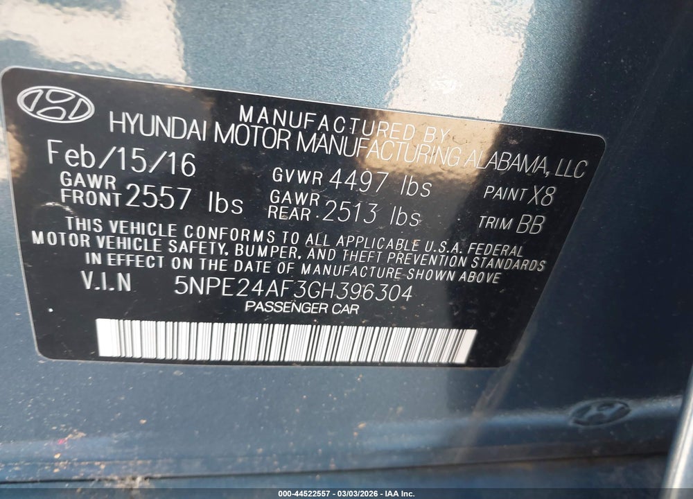2016 HYUNDAI SONATA VIN: 5NPE24AF3GH396304
