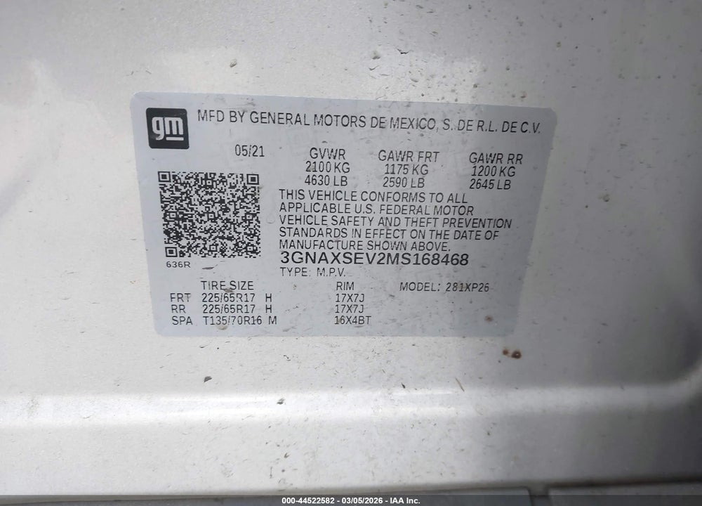2021 CHEVROLET EQUINOX AWD LS VIN: 3GNAXSEV2MS168468