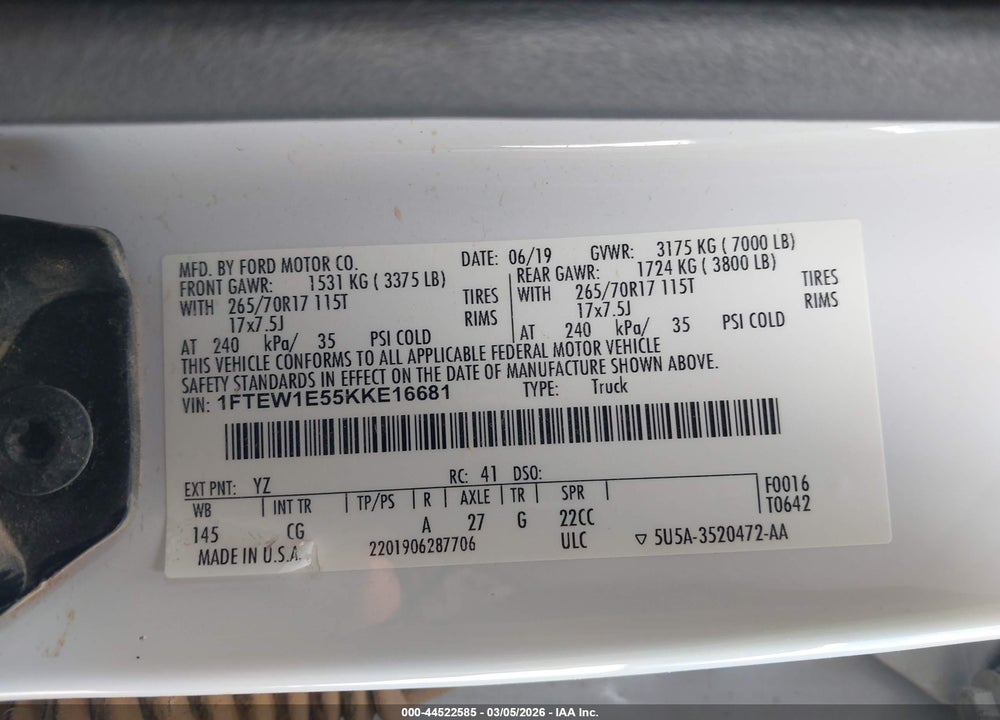 2019 FORD F-150 XL VIN: 1FTEW1E55KKE16681