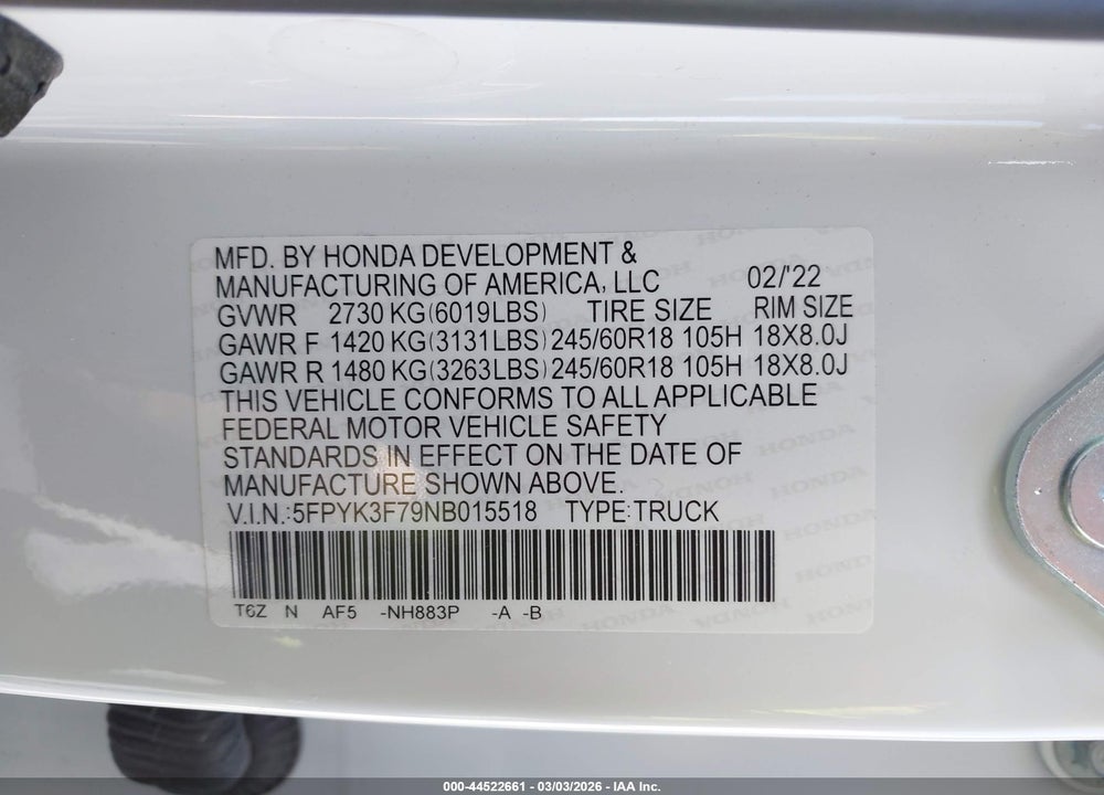 2022 HONDA RIDGELINE RTL-E VIN: 5FPYK3F79NB015518