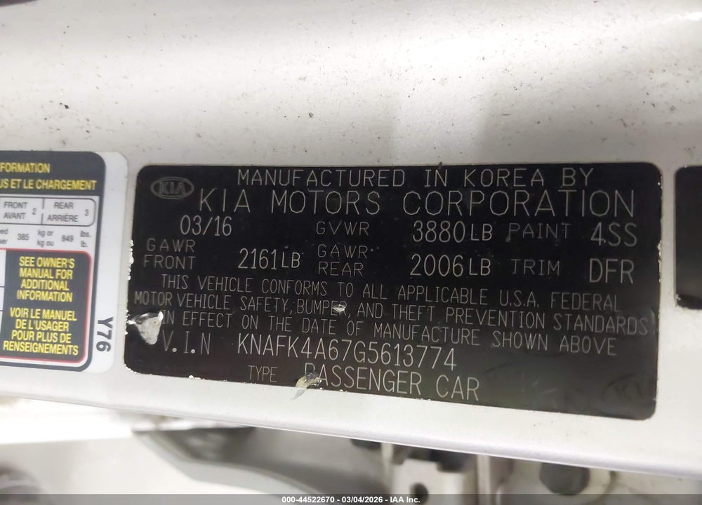 2016 KIA FORTE LX VIN: KNAFK4A67G5613774