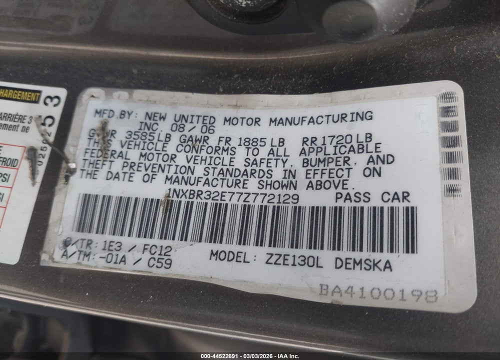2007 TOYOTA COROLLA S VIN: 1NXBR32E77Z772129