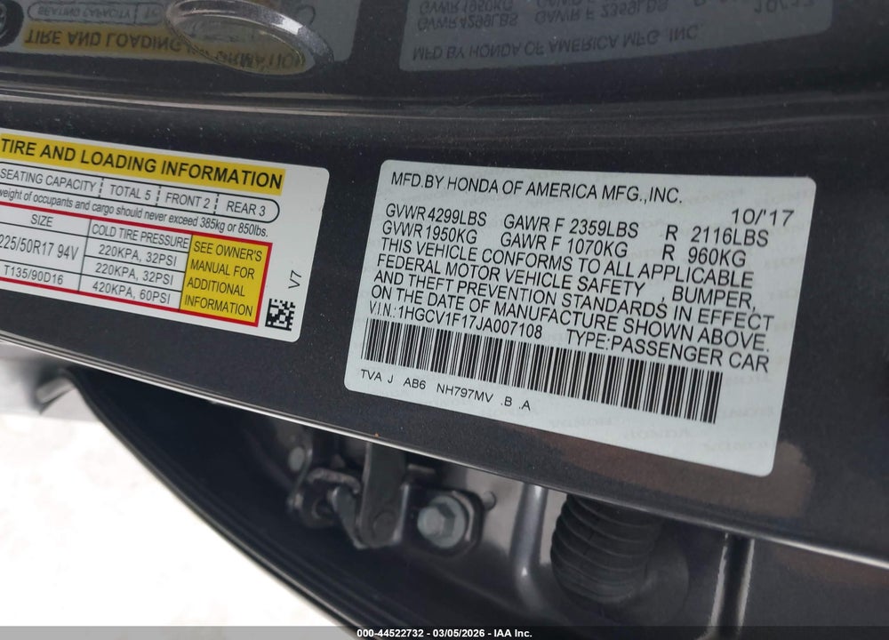 2018 HONDA ACCORD LX VIN: 1HGCV1F17JA007108