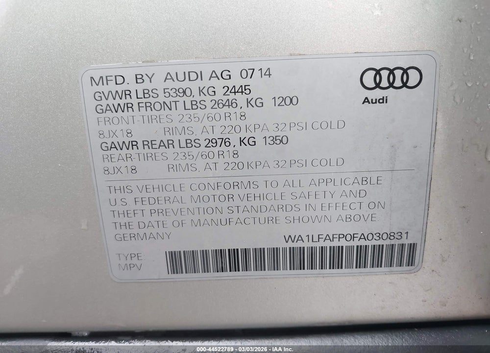 2015 AUDI Q5 2.0T PREMIUM VIN: WA1LFAFP0FA030831