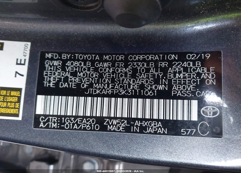 2019 TOYOTA PRIUS PRIME PREMIUM VIN: JTDKARFP3K3111061