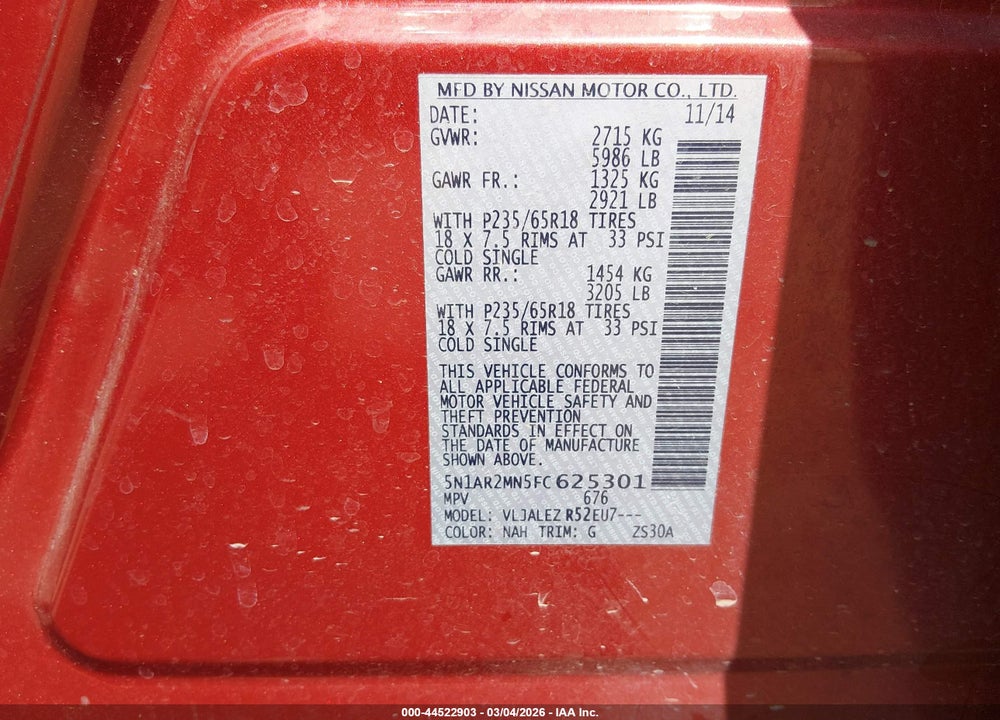 2015 NISSAN PATHFINDER SV VIN: 5N1AR2MN5FC625301