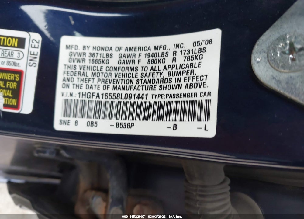 2008 HONDA CIVIC LX VIN: 1HGFA16558L091441