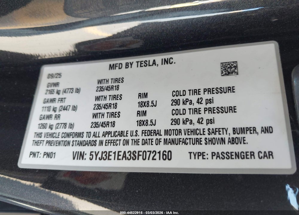 2025 TESLA MODEL 3 LONG RANGE REAR-WHEEL DRIVE/STANDARD REAR-WHEEL DRIVE VIN: 5YJ3E1EA3SF072160