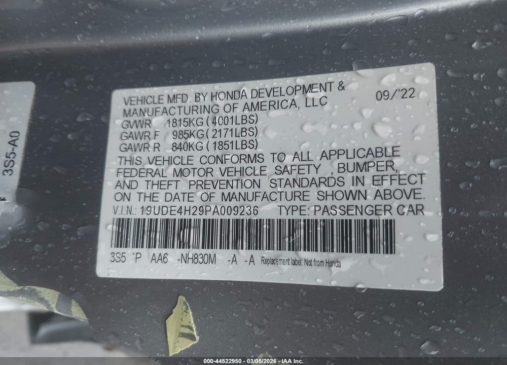 2023 ACURA INTEGRA VIN: 19UDE4H29PA009236