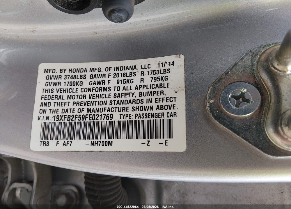 2015 HONDA CIVIC LX VIN: 19XFB2F59FE021769
