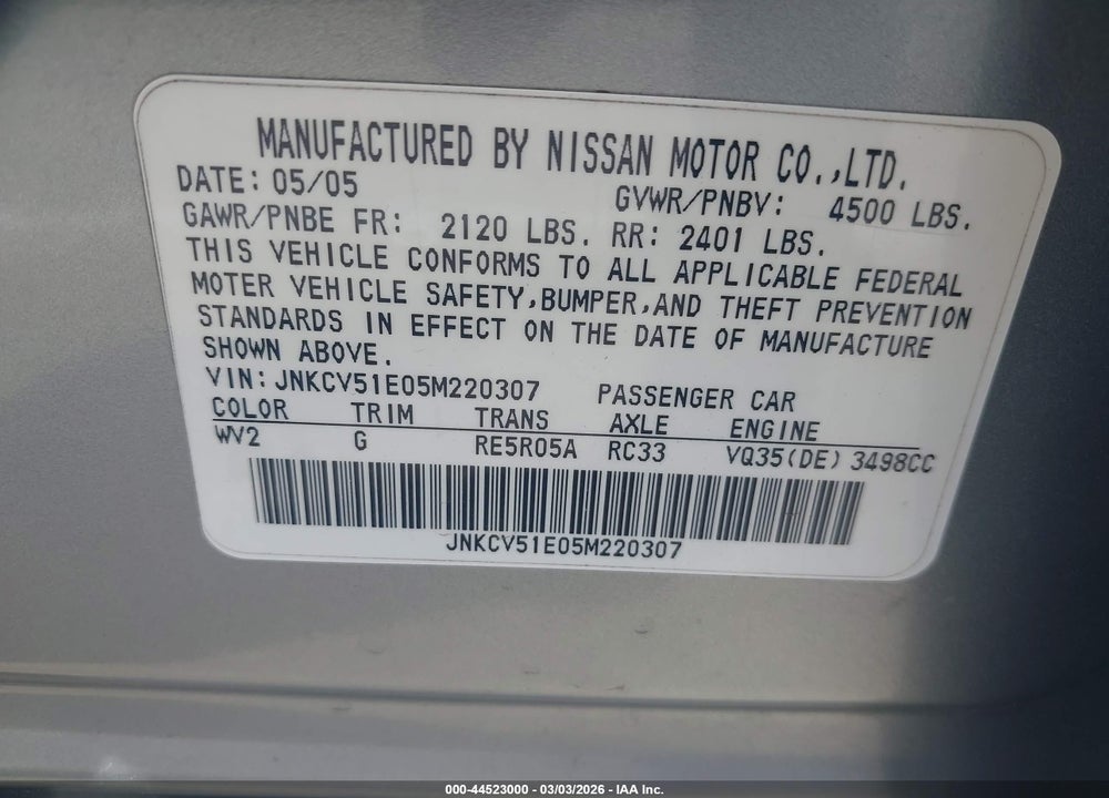 2005 INFINITI G35 VIN: JNKCV51E05M220307
