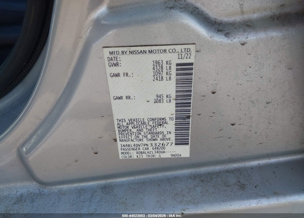2023 NISSAN ALTIMA SV FWD VIN: 1N4BL4DV7PN332677