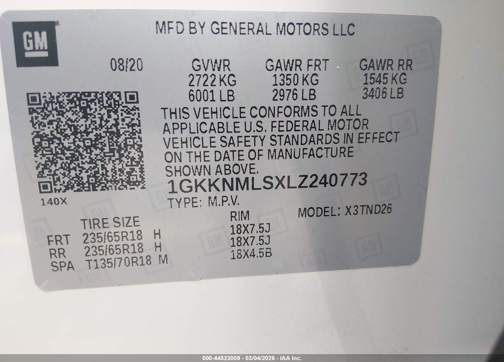 2020 GMC ACADIA FWD SLT VIN: 1GKKNMLSXLZ240773