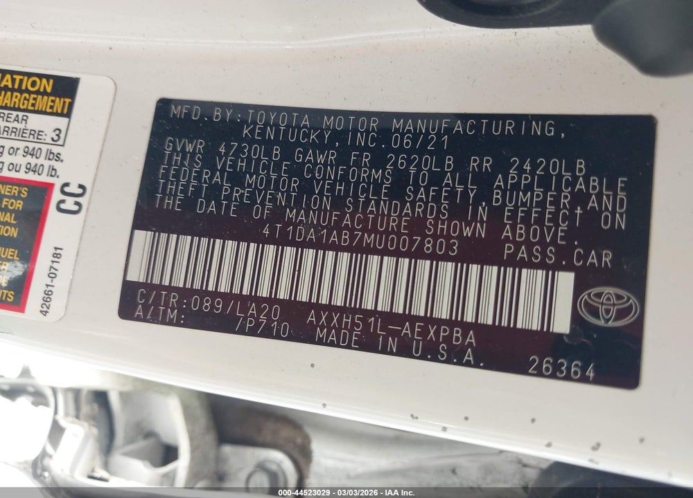 2021 TOYOTA AVALON LIMITED HYBRID VIN: 4T1DA1AB7MU007803