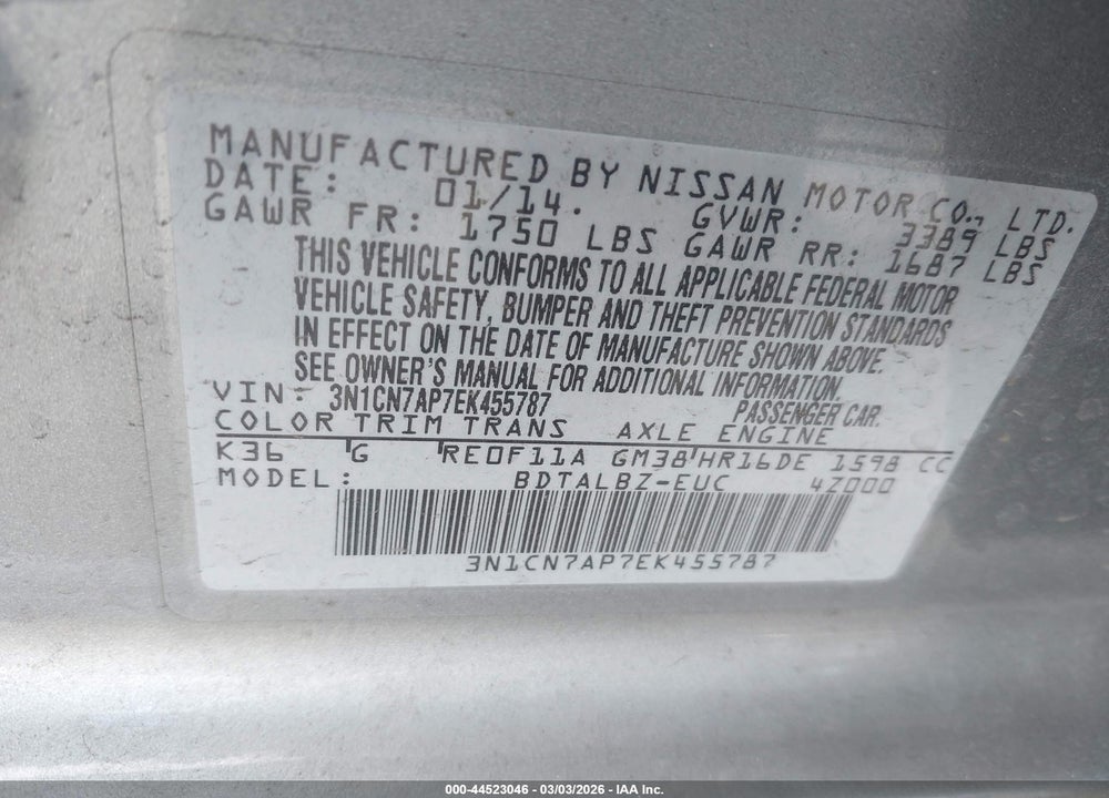 2014 NISSAN VERSA 1.6 SV VIN: 3N1CN7AP7EK455787