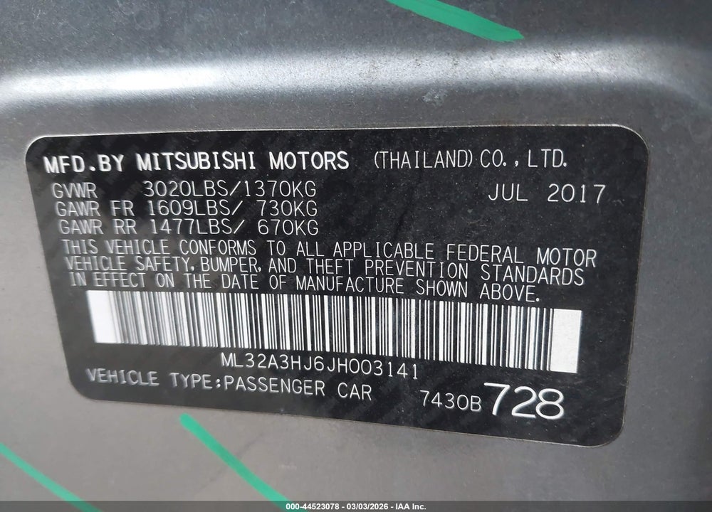 2018 MITSUBISHI MIRAGE ES VIN: ML32A3HJ6JH003141