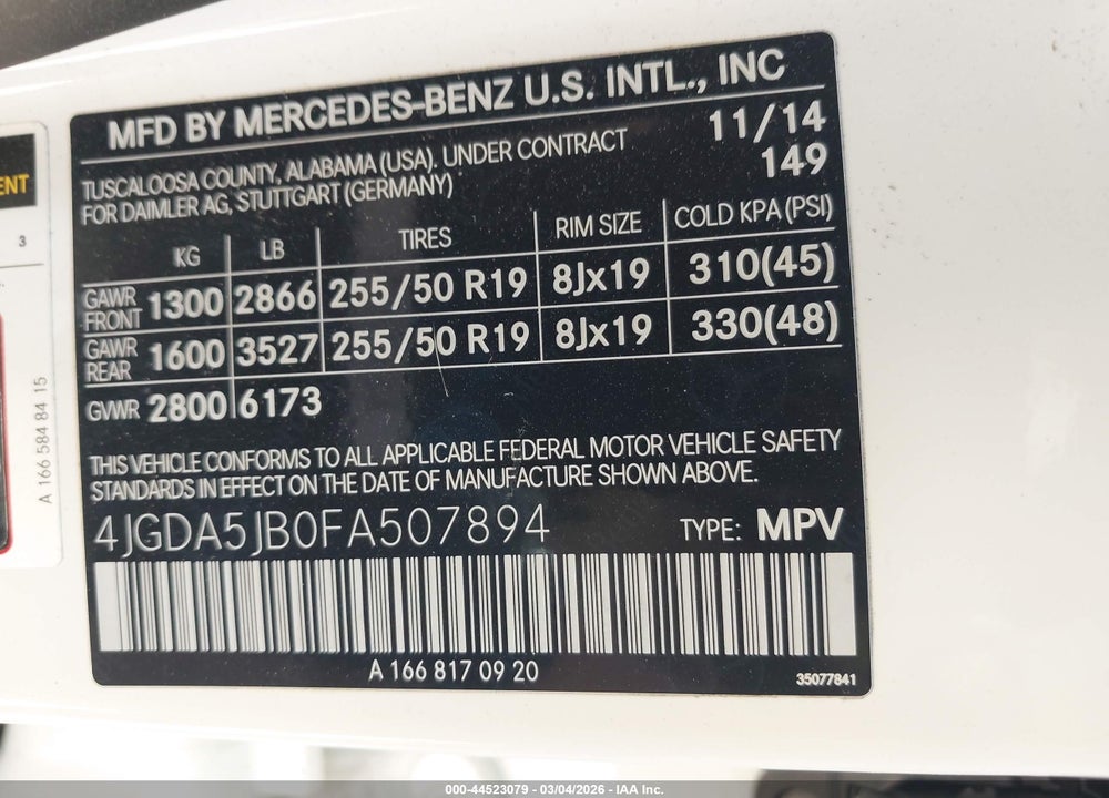 2015 MERCEDES-BENZ ML 350 VIN: 4JGDA5JB0FA507894