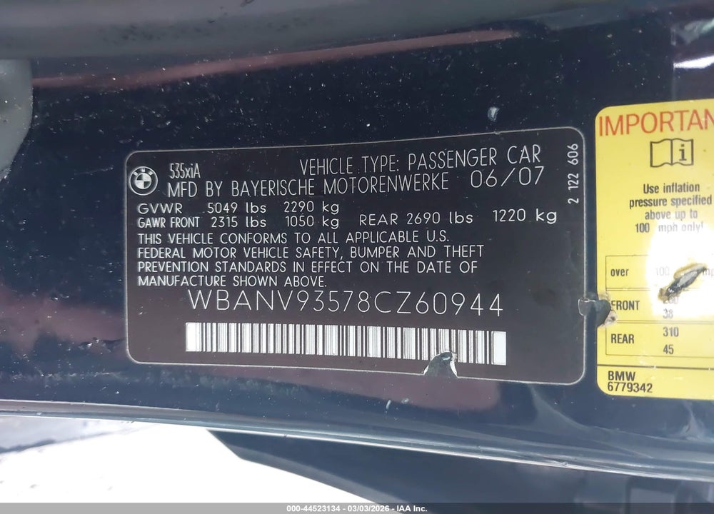 2008 BMW 535XI VIN: WBANV93578CZ60944