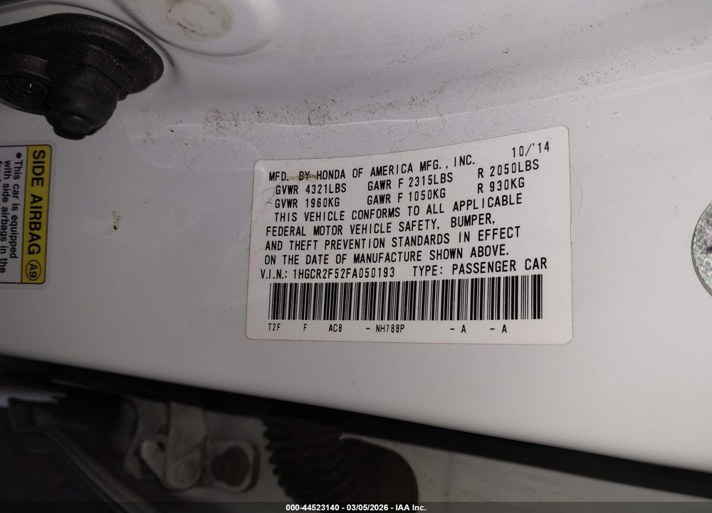 2015 HONDA ACCORD SPORT VIN: 1HGCR2F52FA050193