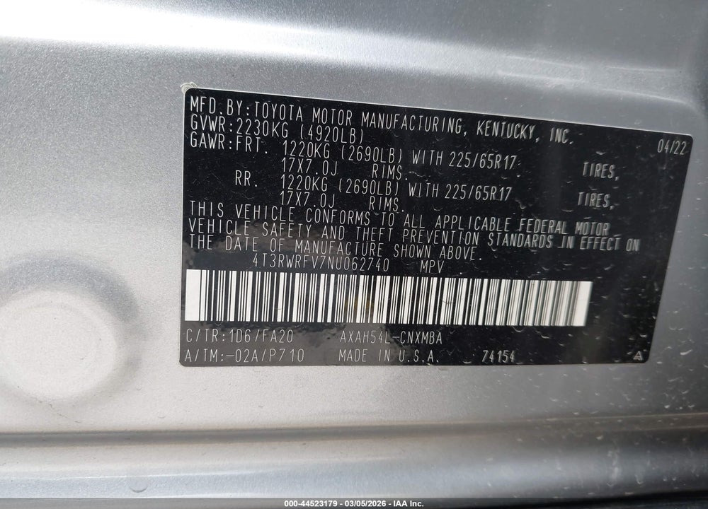 2022 TOYOTA RAV4 HYBRID XLE VIN: 4T3RWRFV7NU062740
