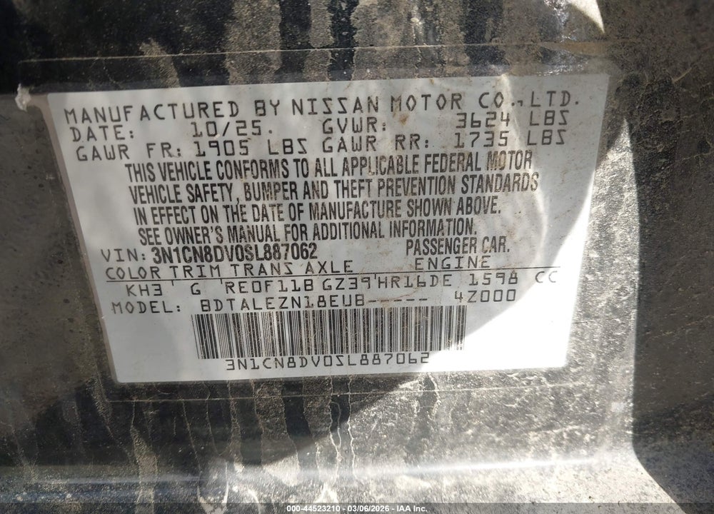 2025 NISSAN VERSA 1.6 S VIN: 3N1CN8DV0SL887062