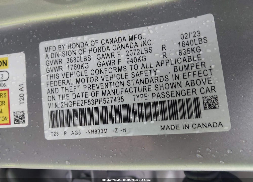 2023 HONDA CIVIC SPORT VIN: 2HGFE2F53PH527435