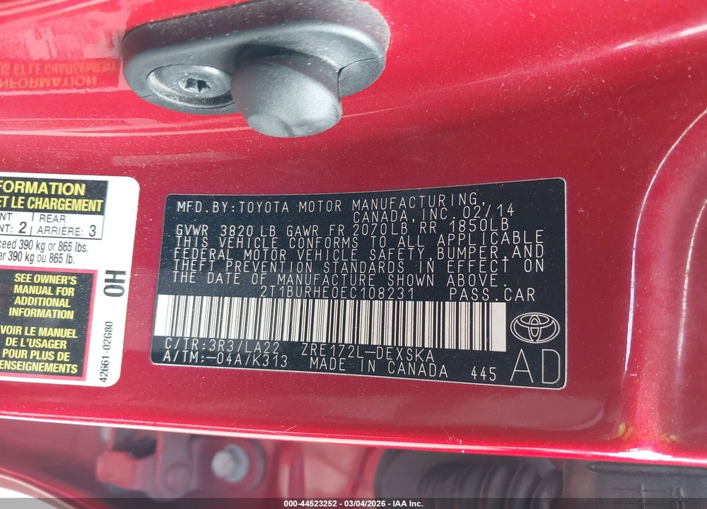 2014 TOYOTA COROLLA S PREMIUM VIN: 2T1BURHE0EC108231