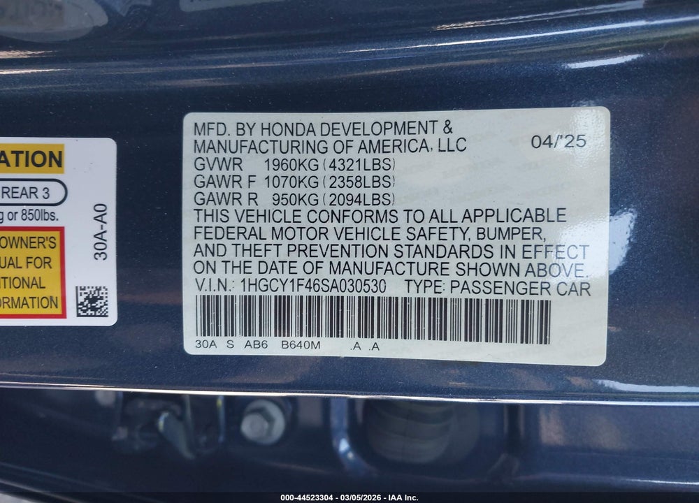 2025 HONDA ACCORD SE VIN: 1HGCY1F46SA030530