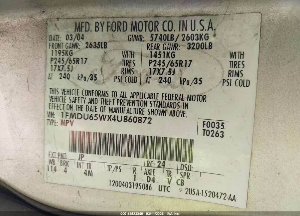 2004 FORD EXPLORER LIMITED VIN: 1FMDU65WX4UB60872